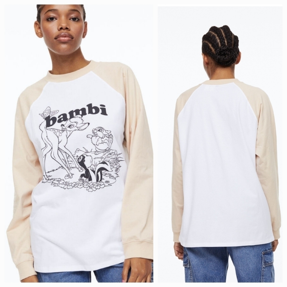 H&M Long Sleeve Raglan Crewneck T-Shirt Graphic Print Disney's Bambi Size Small